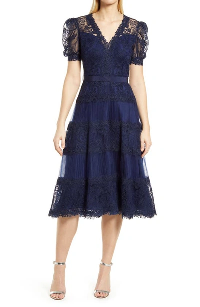 TADASHI SHOJI TADASHI SHOJI EMBROIDERED LACE TIERED MIDI DRESS