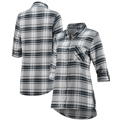 Concepts Sport Women's Charcoal, Gray Carolina Panthers Accolade Flannel Long Sleeve Button-up Nightshirt In Charcoal,gray