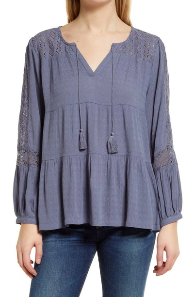 Lucky Brand Tie Neck Lace Long Sleeve Top In Blue