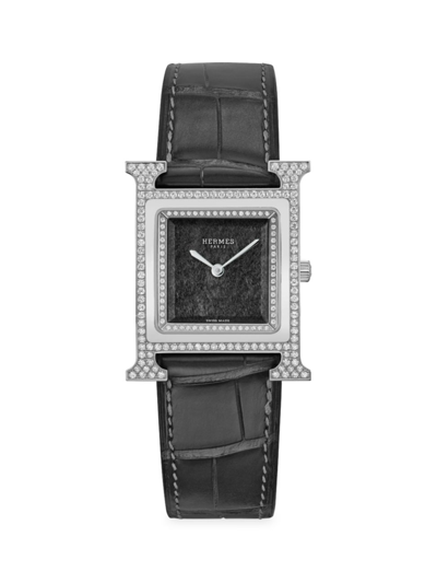 Hermes Women's Heure H 30mm Stainless Steel, Obsidian & Diamond Watch In Black