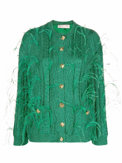 Valentino Feather-embellished Oversized Cardigan Sweater In Green