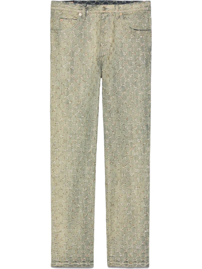 Gucci Gg Jacquard Crystal-embellished Jeans In Neutrals