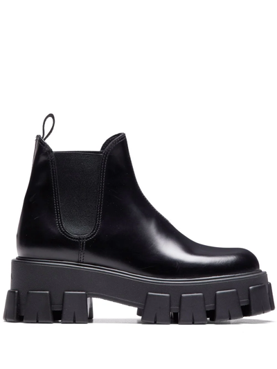 Prada Monolith Brushed Leather Chelsea Boots In Black