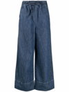 Valentino Denim-chambray Drawstring Palazzo Pants In Blau