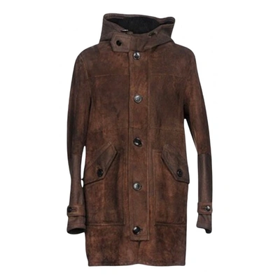 Pre-owned Dondup Pony-style Calfskin Peacoat In Brown