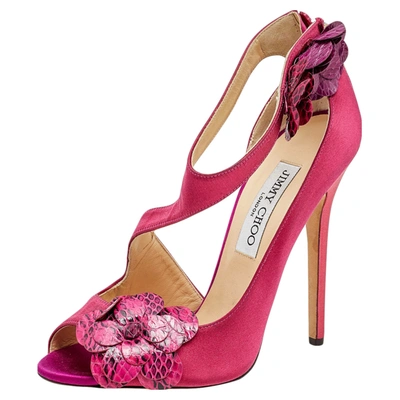 Pre-owned Jimmy Choo Pink Satin And Python Vera Sandals Size 38