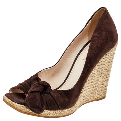 Pre-owned Prada Brown Suede Bow Wedge Espadrille Pumps Size 37.5