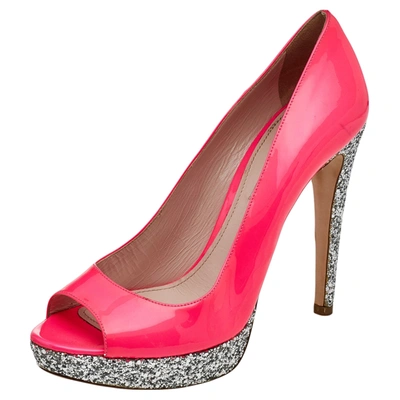 Pre-owned Miu Miu Neon Pink Patent Leather Peep Toe Pumps Size 38.5