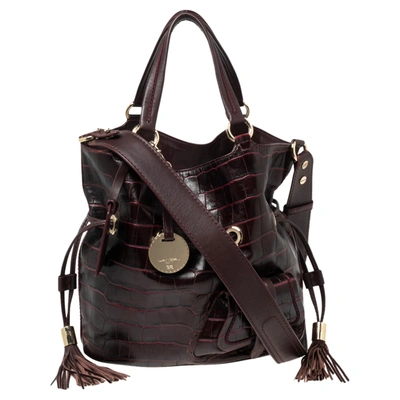 Pre-owned Lancel Burgundy Croc Embossed Leather Premier Flirt Bucket Bag