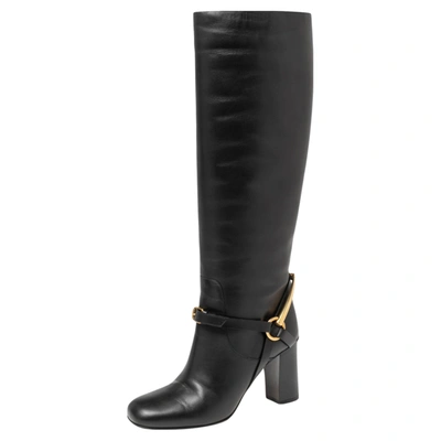 Pre-owned Gucci Black Leather Horsebit Knee High Boots Size 36