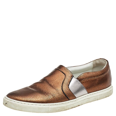 Pre-owned Lanvin Metallic Bronze Texture Leather Slip On Trainers Size 38