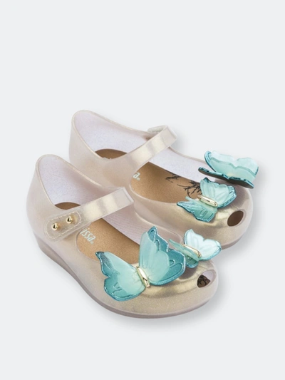 Mini Melissa Ultragirl Butterfly Mary Jane Flat In Beige Glitter/green