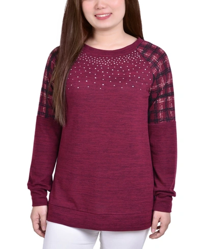 Ny Collection Women's Long Sleeve Knit Top With Print Shoulder Insets In Red