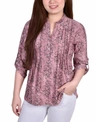 Ny Collection Women's 3/4 Roll Tab Sleeve Y-neck Popover Top In Mauve Floral