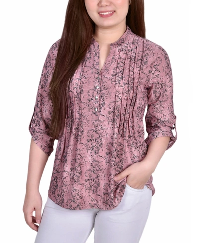 Ny Collection Women's 3/4 Roll Tab Sleeve Y-neck Popover Top In Mauve Floral