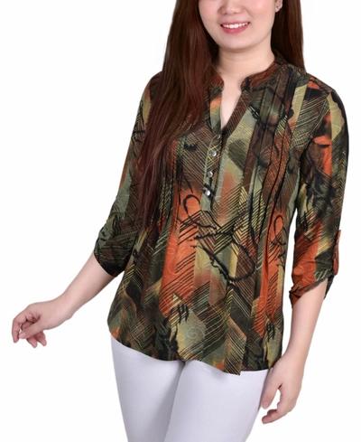 Ny Collection Women's 3/4 Roll Tab Sleeve Y-neck Popover Top In Olive Gilia