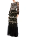 Mac Duggal Embroidered High Neck Illusion Sleeve Tiered Gown In Black