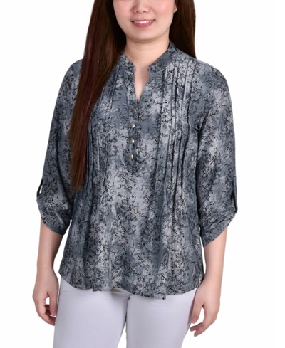 Ny Collection Women's 3/4 Roll Tab Sleeve Y-neck Popover Top In Gray Floral