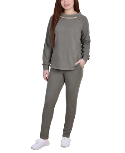 Ny Collection Women's 2 Piece French Terry Jogger Set In Olive