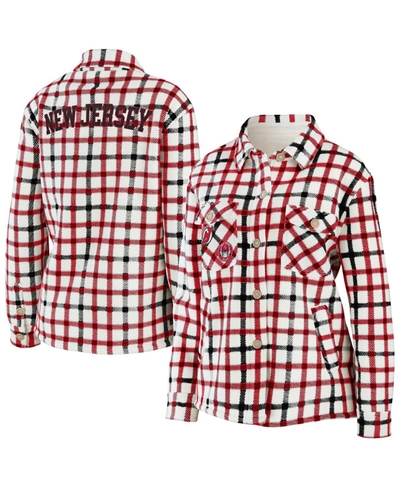 Wear By Erin Andrews Women's  Oatmeal New Jersey Devils Plaid Button-up Shirt Jacket