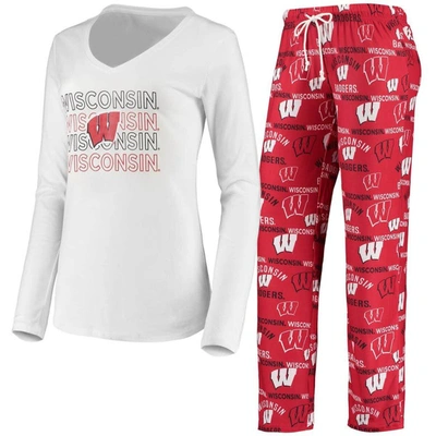 Concepts Sport Women's Red, White Wisconsin Badgers Flagship Long Sleeve T-shirt And Pants Sleep Set In Red,white