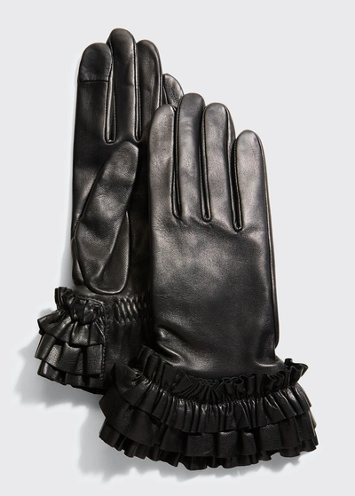 Agnelle Ruffle Napa Leather Gloves In Noir Tactile