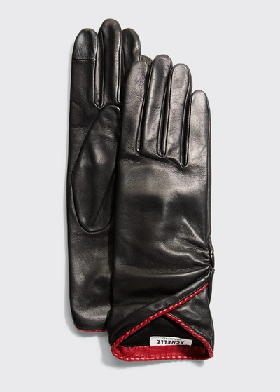 Agnelle Beatrice Pleated Napa Gloves In Blackcardinal