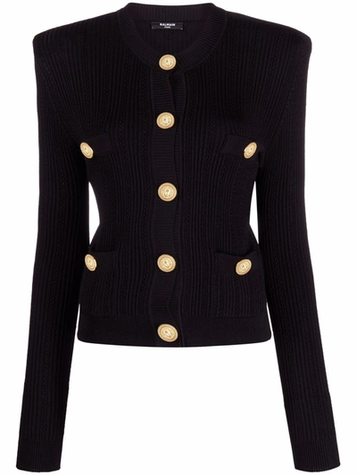 Balmain Button-embellished Ribbed Cardigan In Black