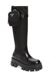 Prada Monolith Mini Bag Knee High Boot In Nero