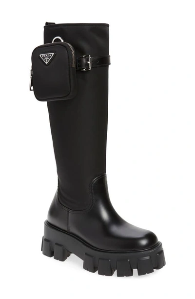 Prada Monolith Mini Bag Knee High Boot In Nero