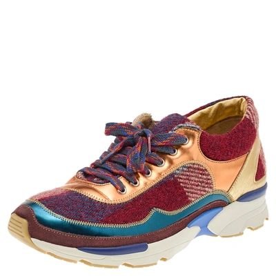Pre-owned Chanel Multicolor Patent Leather And Tweed Cc Low Top Sneakers Size 38.5