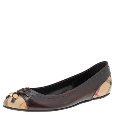 Pre-owned Burberry Dark Brown/beige Leather And Haymarket Coated Canvas Bow Toe Cap Ballet Flats Size 37.5