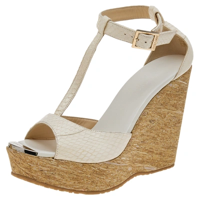 Pre-owned Jimmy Choo White Python Leather T Strap Wedge Platform Sandals Size 39