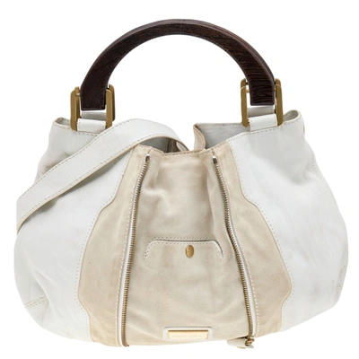 Pre-owned Jimmy Choo White/light Beige Leather And Suede Maia Hobo