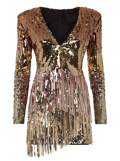 Philipp Plein Short Dress Fringe Degradé Paillettes In Brown