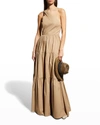 BRUNELLO CUCINELLI ONE-SHOULDER COTTON POPLIN TIERED MAXI DRESS W/ MONILI TRIM