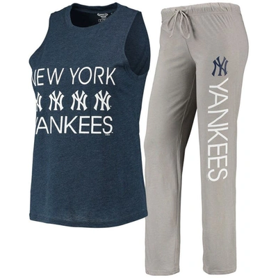Concepts Sport Women's  Gray, Navy New York Yankees Meter Muscle Tank Top And Pants Sleep Set In Gray,navy