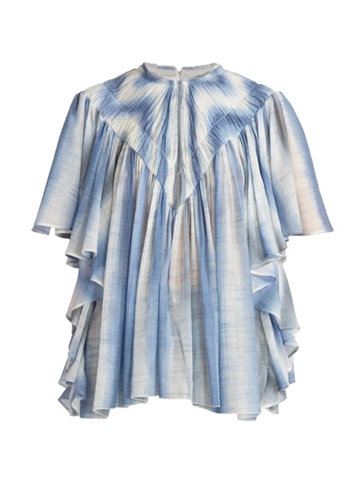 Chloé Flutter-sleeve Striped Tie-dye Gauze Blouse In Blue - Beige 1