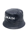 Balmain Kids' Logo Faux Leather Bucket Hat In Navy