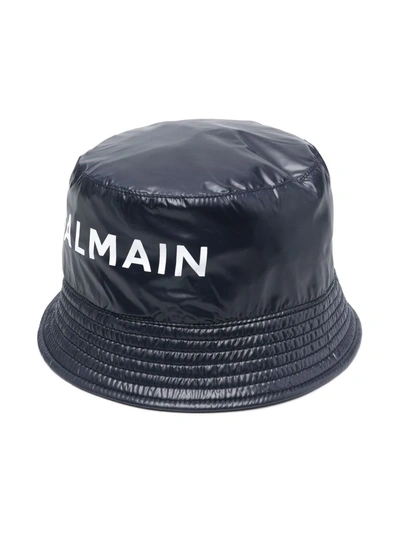 Balmain Kids' Logo Faux Leather Bucket Hat In Navy