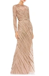 Mac Duggal Beaded Illusion Neck Long Sleeve Gown In Mocha
