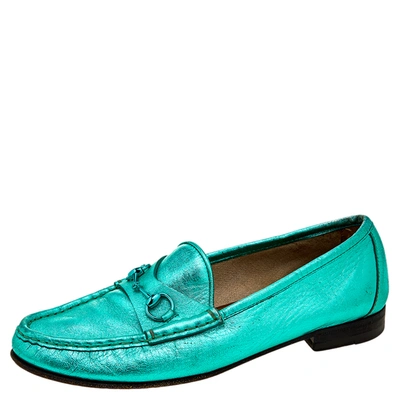 Pre-owned Gucci Metallic Green Leather Horsebit Slip On Loafers Size 38