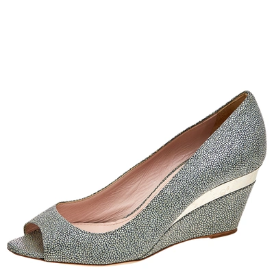 Pre-owned Miu Miu Grey Leather Peep Toe Wedge Pumps Size 36