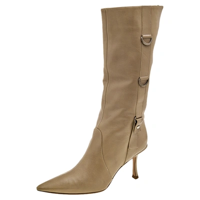 Pre-owned Jimmy Choo Beige Leather Pointed Toe Calf Length Boots Size 38