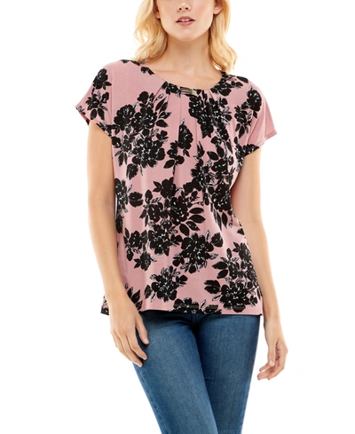 Adrienne Vittadini Women's Dolman Sleeve Top With Curved Bar In Bouquet Floral Lilas