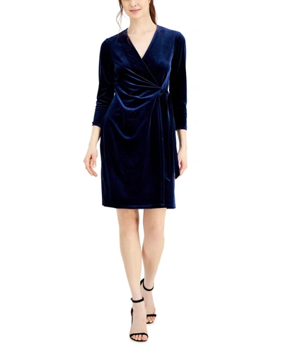 Anne Klein Velvet Wrap Sheath Dress In Navy