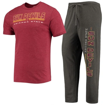 Concepts Sport Men's  Heathered Charcoal And Maroon Arizona State Sun Devils Meter T-shirt And Pants In Heathered Charcoal,maroon