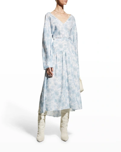 Vince Dahlia Long-sleeve Double V-neck Dress In Blue