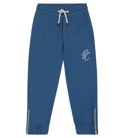 Brunello Cucinelli Kids' Logo-print Cotton Track Trousers In Blue