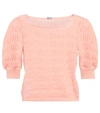 Miu Miu Openwork-knit Cropped Puff-sleeve Top In Cipria